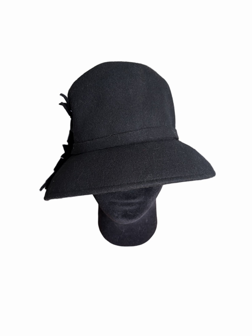 Vintage Olive Branch Black Wide-Brim Wool Cloche Hat with Side Detail